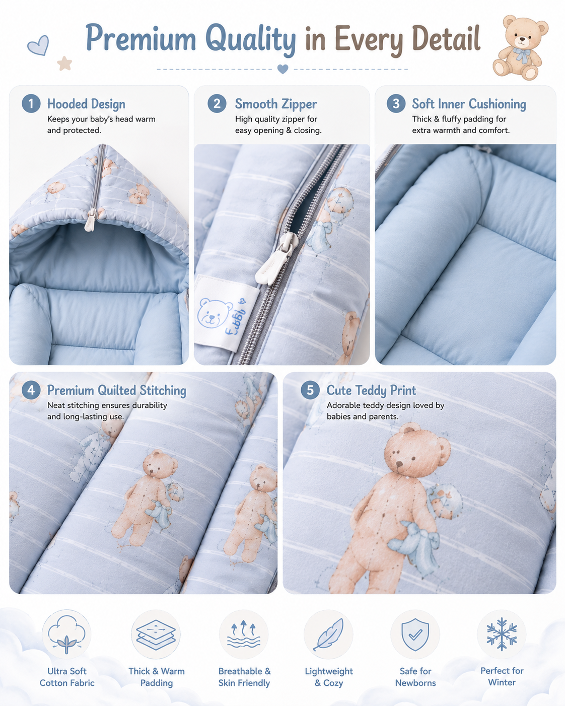 Hooded Sleeping Bag & Carry Nest | Soft Cotton Baby Wrapper with Zip