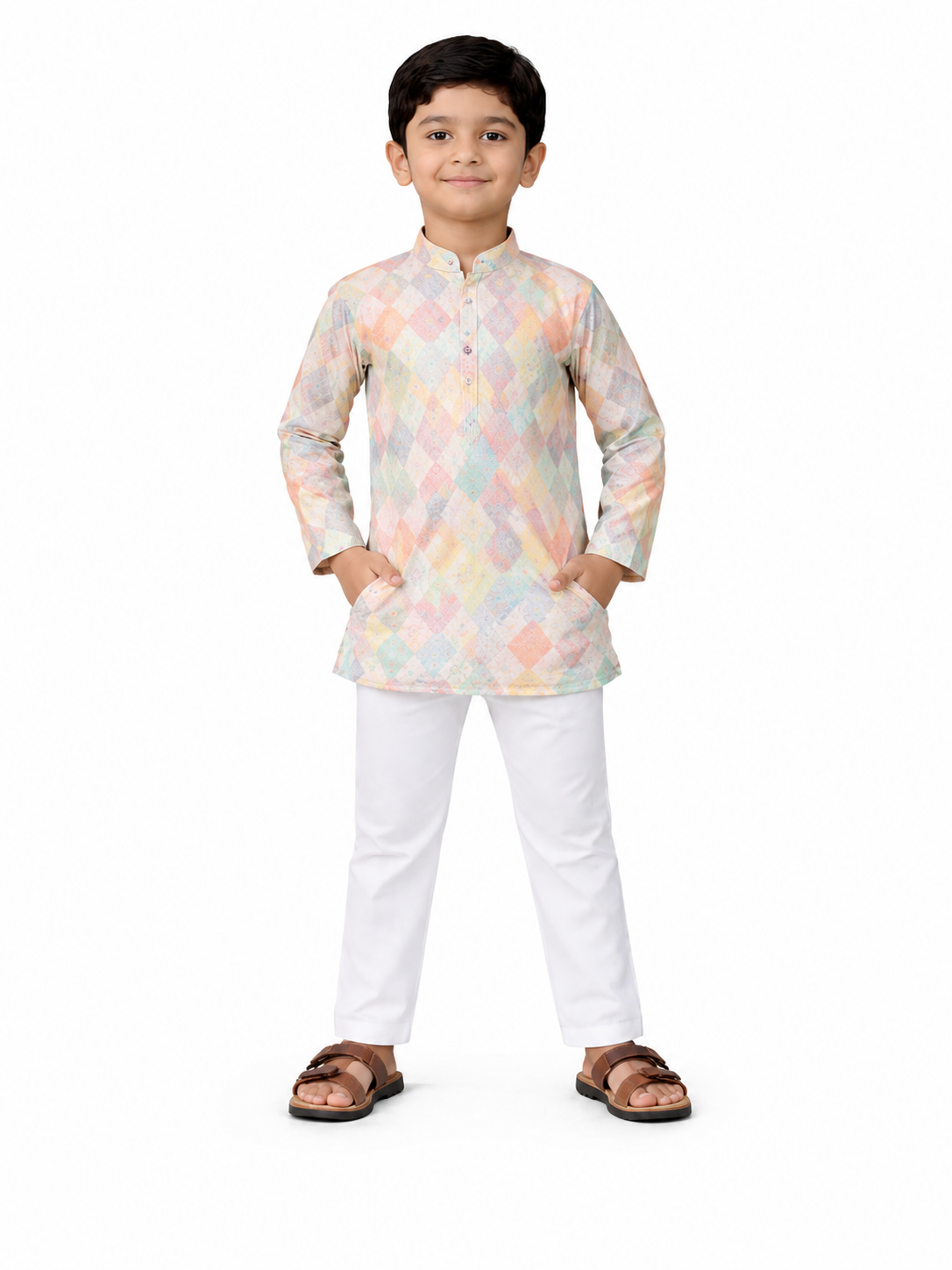 KriandKay Boys Multicolor Diamond Print Kurta Pajama Set
