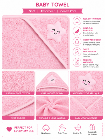 KriandKay Baby Hooded Towel – Soft Cotton, Star Design