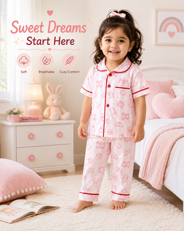 Girls Cotton Printed Night Suit Set | Soft Half Sleeve Shirt & Pyjama Sleepwear