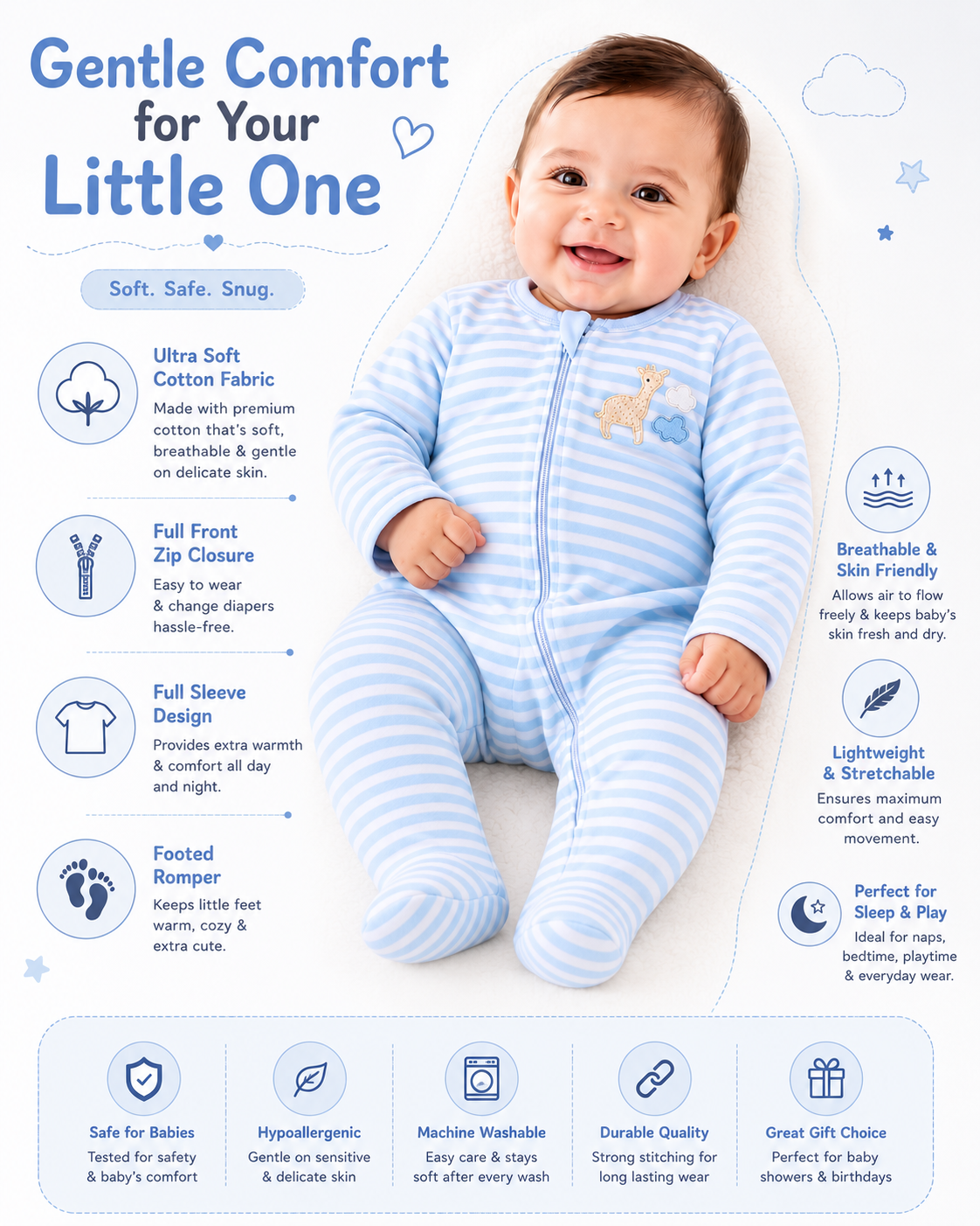 Baby Cotton Full Sleeve Sleepsuit with Front Zip | Soft & Comfortable Baby Romper
