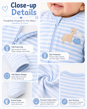 Baby Cotton Full Sleeve Sleepsuit with Front Zip | Soft & Comfortable Baby Romper