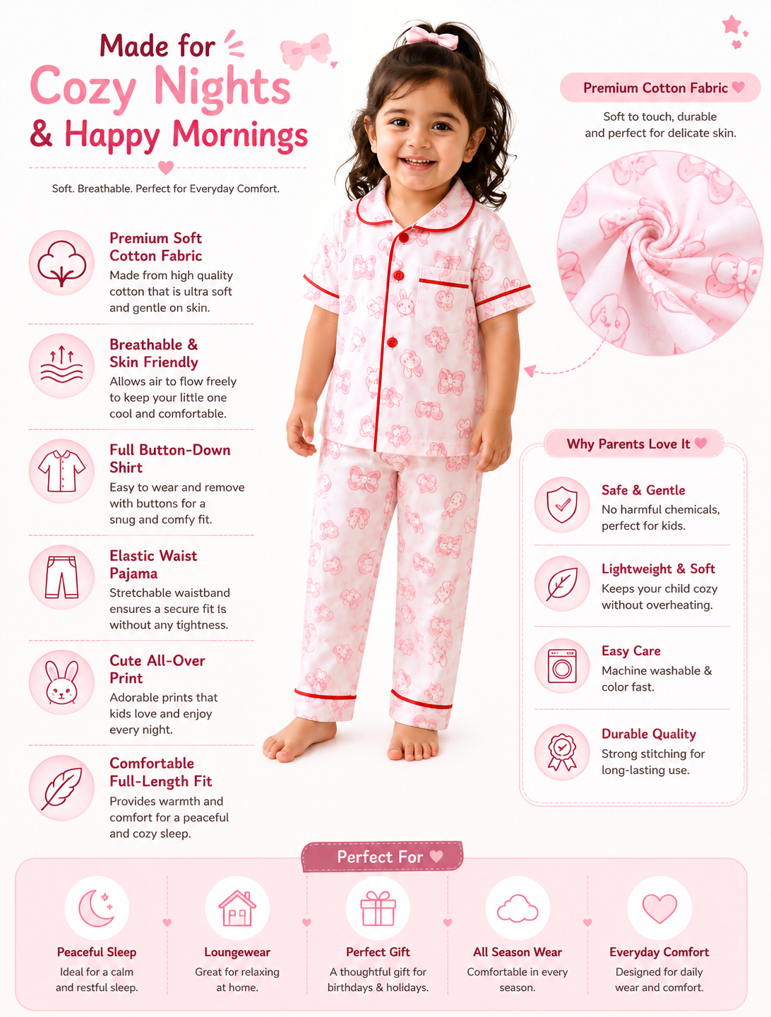 Girls Cotton Printed Night Suit Set | Soft Half Sleeve Shirt & Pyjama Sleepwear