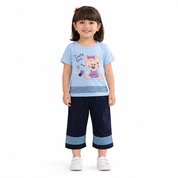 Girls Cute Bear Printed Cotton T-Shirt & Palazzo Co-Ord Set | Casual Kids Outfit