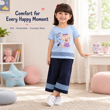 Girls Cute Bear Printed Cotton T-Shirt & Palazzo Co-Ord Set | Casual Kids Outfit
