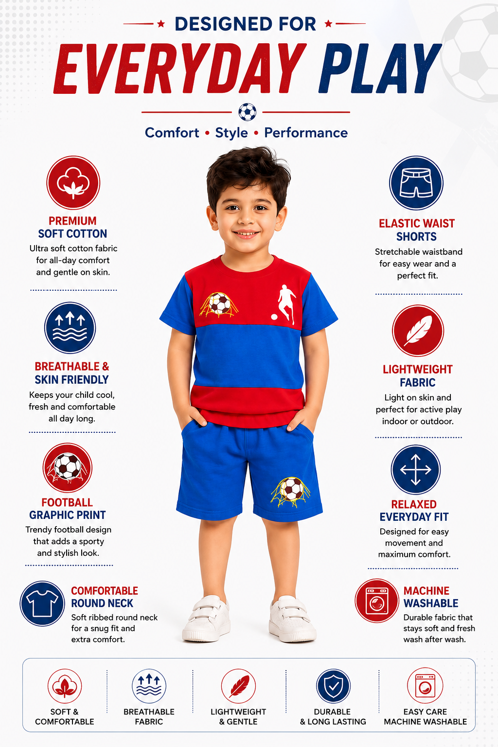 Boys Football Printed Cotton T-Shirt & Shorts Co-Ord Set | Sports Casual Outfit