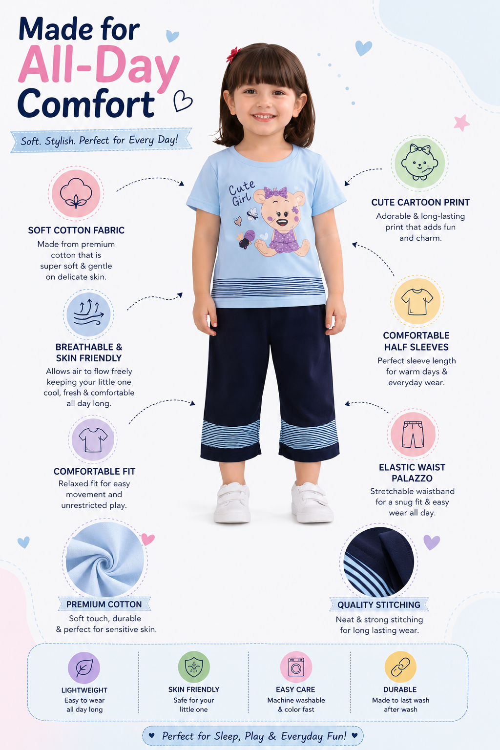 Girls Cute Bear Printed Cotton T-Shirt & Palazzo Co-Ord Set | Casual Kids Outfit