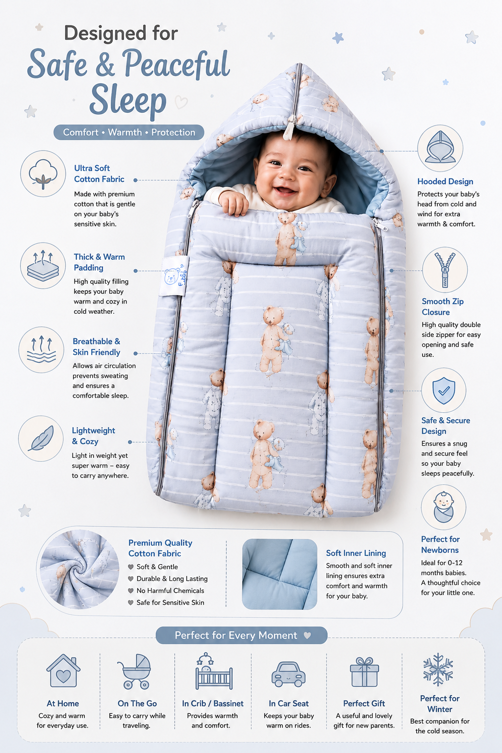 Hooded Sleeping Bag & Carry Nest | Soft Cotton Baby Wrapper with Zip