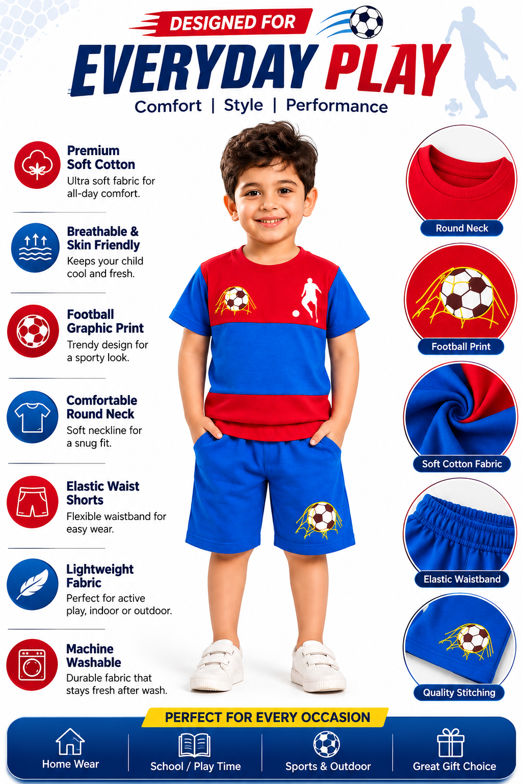 Boys Football Printed Cotton T-Shirt & Shorts Co-Ord Set | Sports Casual Outfit