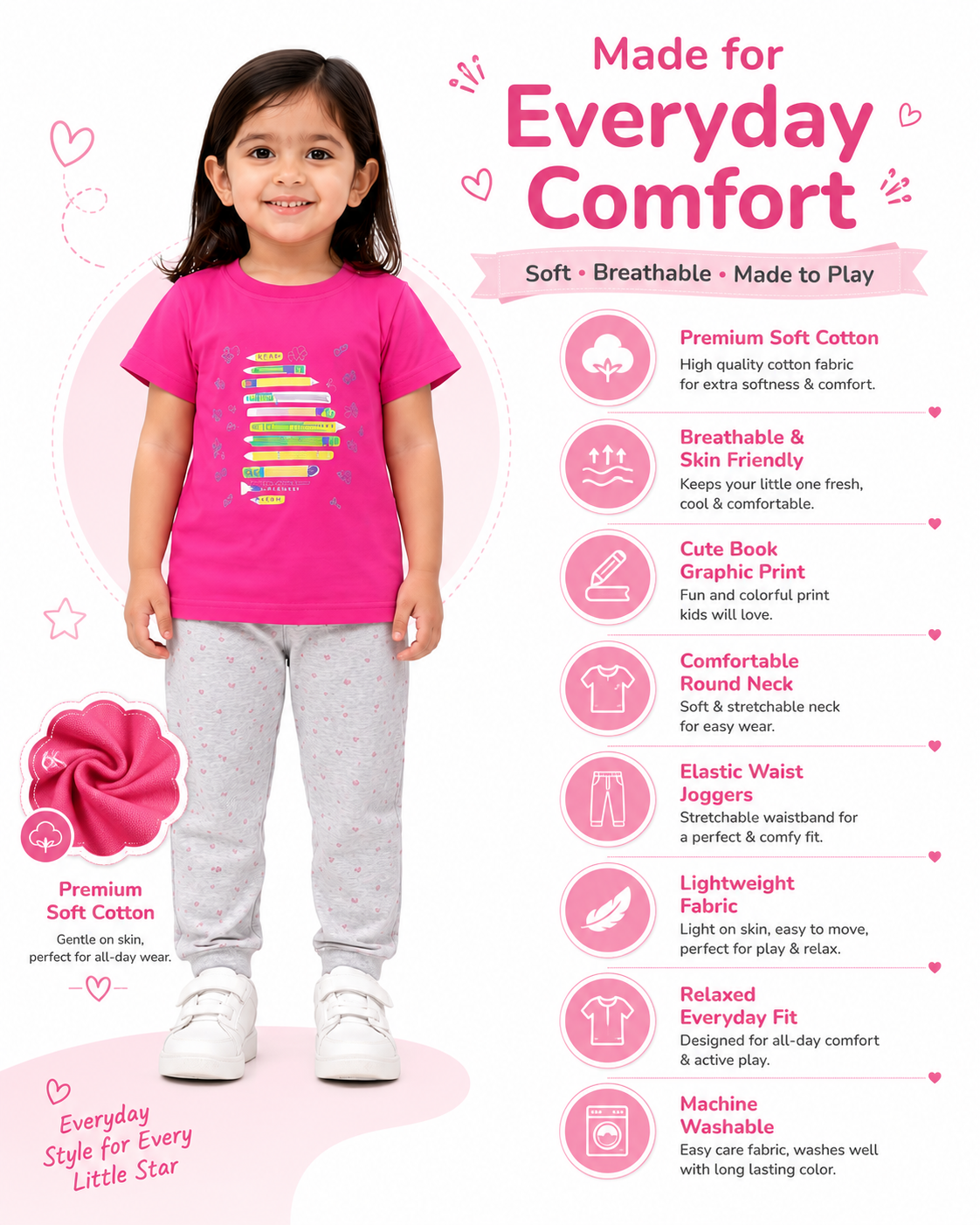 Girls Printed Cotton T-Shirt & Jogger Pants Co-Ord Set | Casual Kids Outfit
