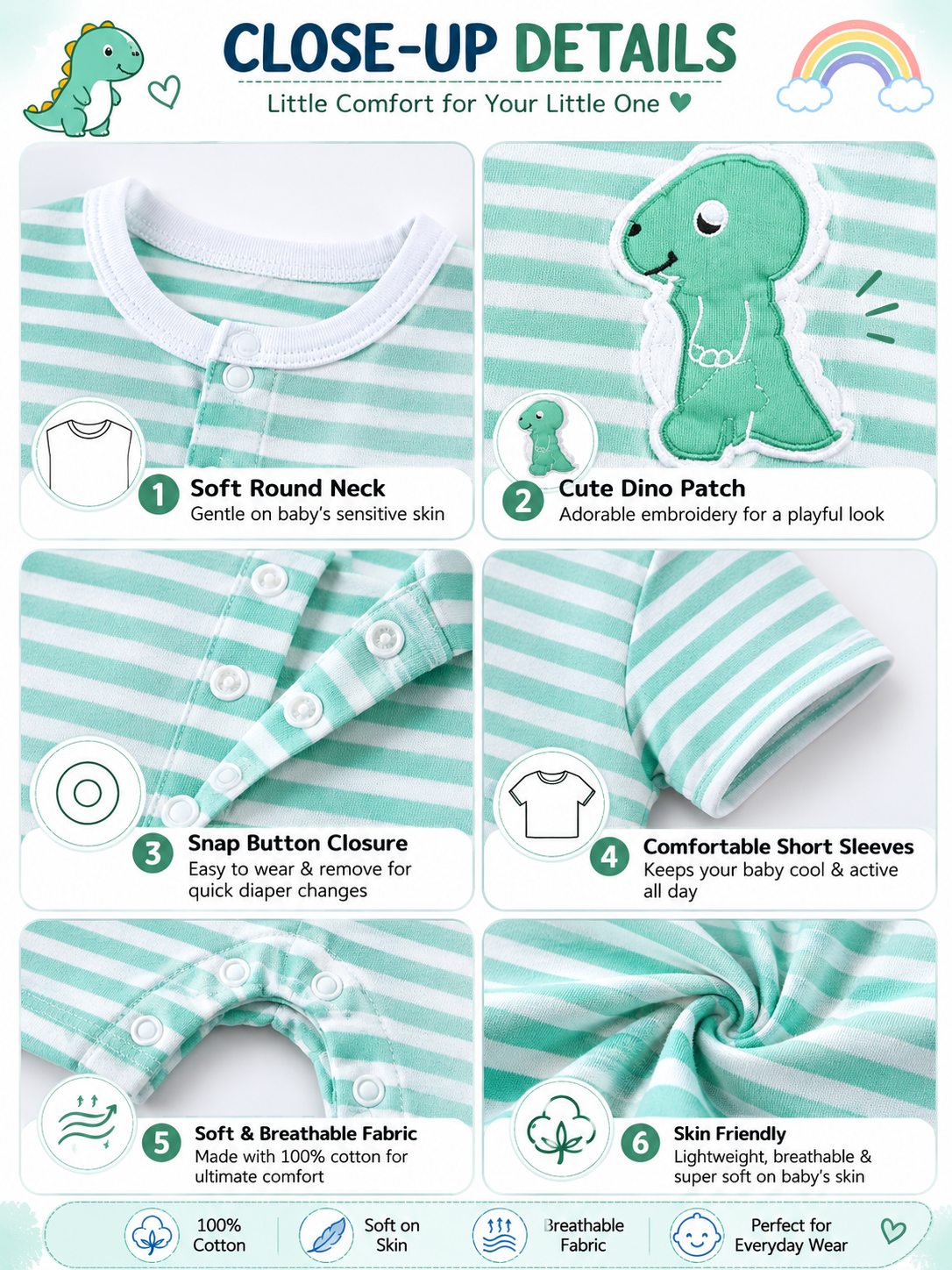 KriandKay Baby Half Romper – Striped Dino Print (9 Months)