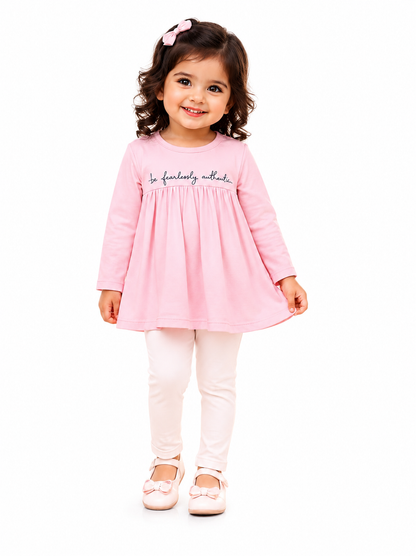 KriandKay Girls Pink Printed Tunic Top with Leggings Set