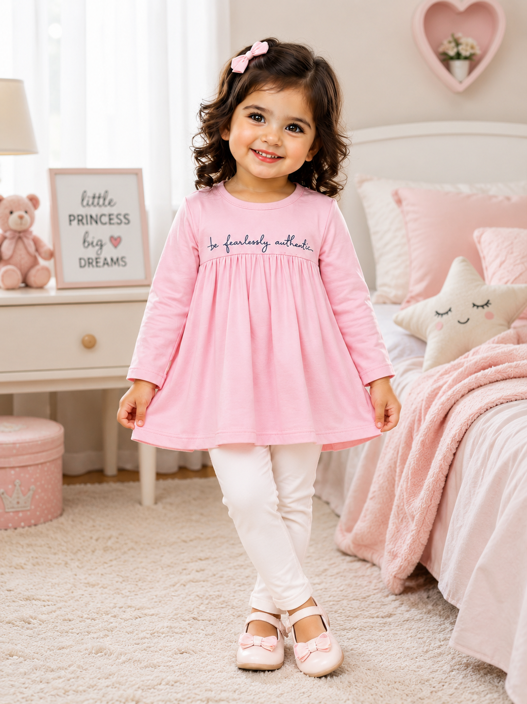 KriandKay Girls Pink Printed Tunic Top with Leggings Set