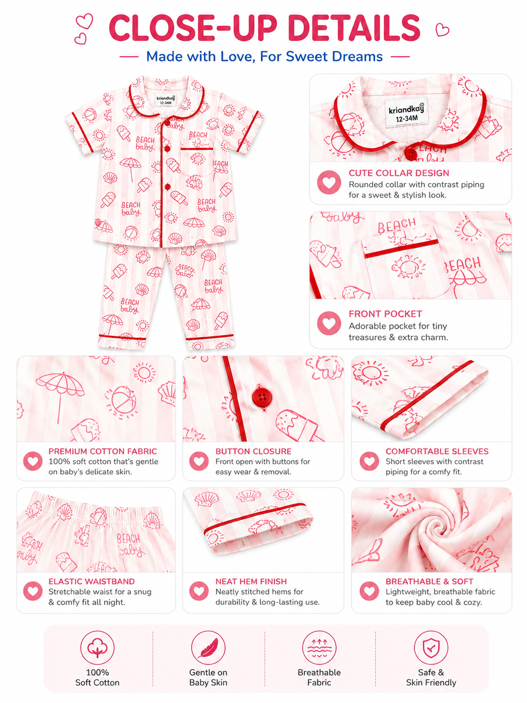 KriandKay Beach Baby Print Night Suit for Babies (12-34 Months)