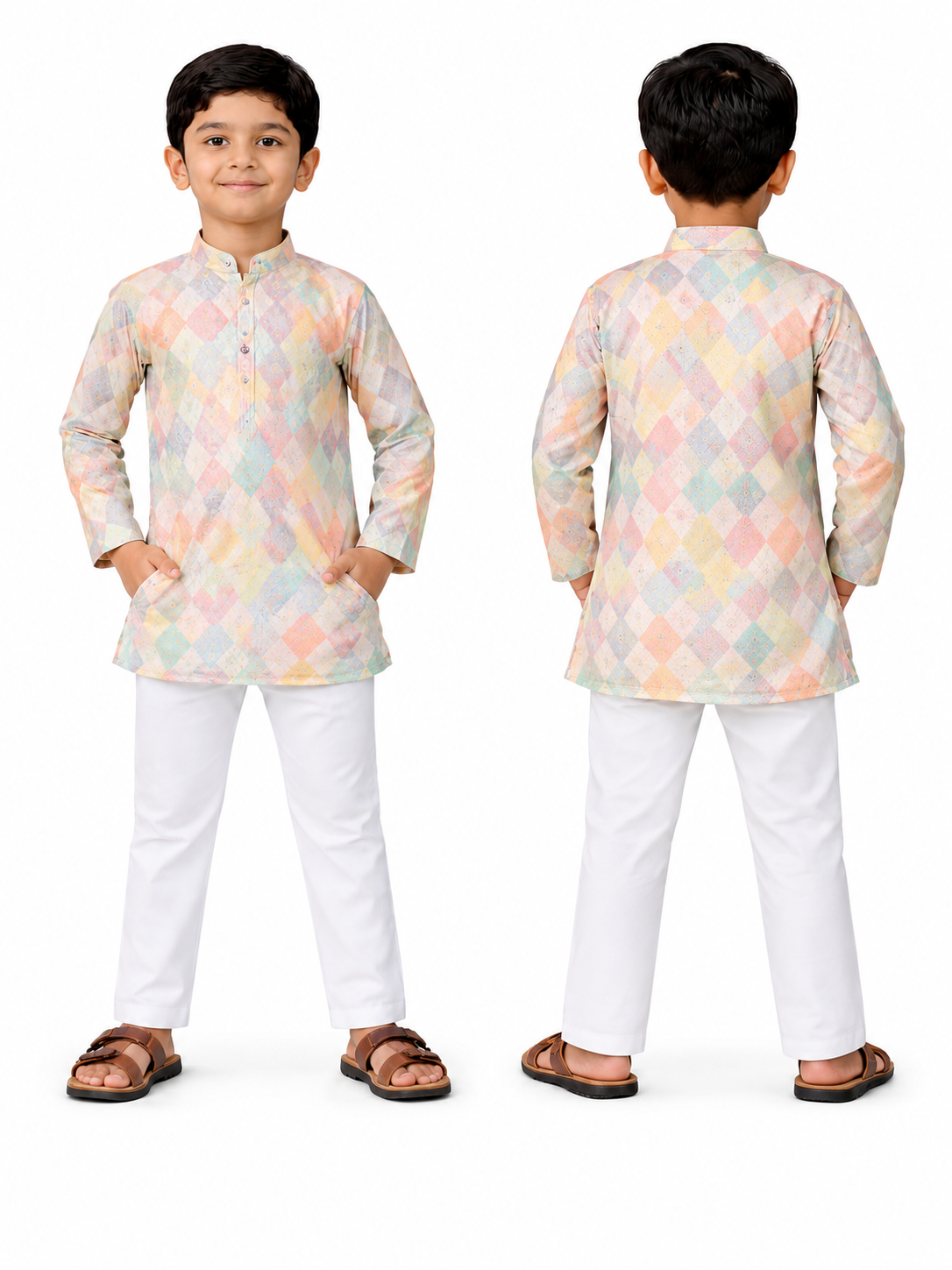 KriandKay Boys Multicolor Diamond Print Kurta Pajama Set