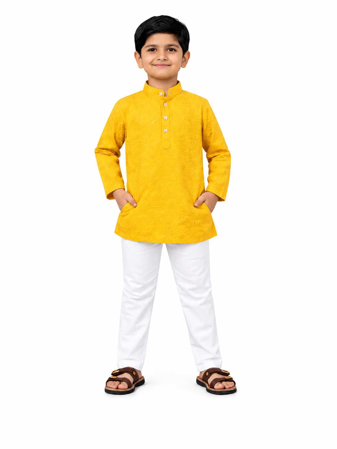 KriandKay Boys Yellow Embroidered Kurta Pajama Set