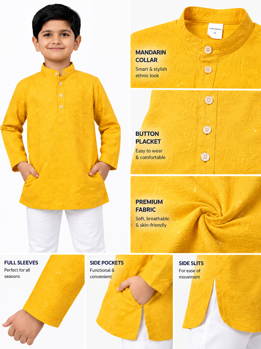 KriandKay Boys Yellow Embroidered Kurta Pajama Set