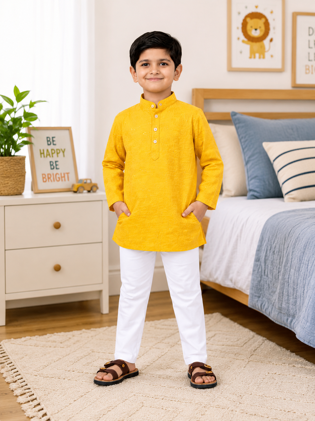 KriandKay Boys Yellow Embroidered Kurta Pajama Set