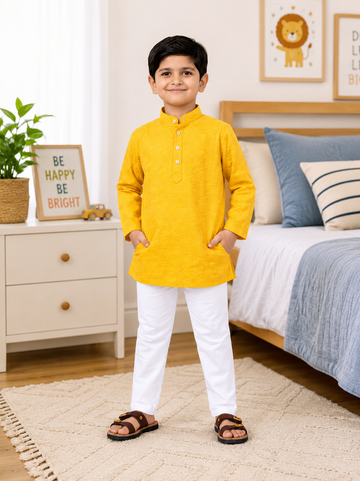 KriandKay Boys Yellow Embroidered Kurta Pajama Set