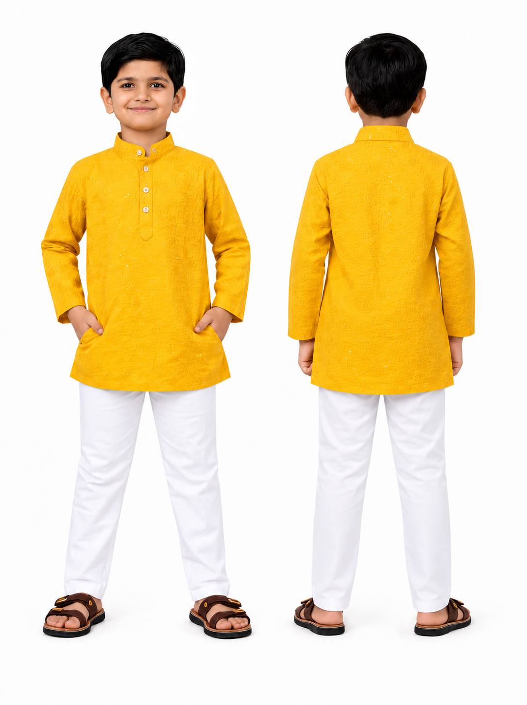 KriandKay Boys Yellow Embroidered Kurta Pajama Set