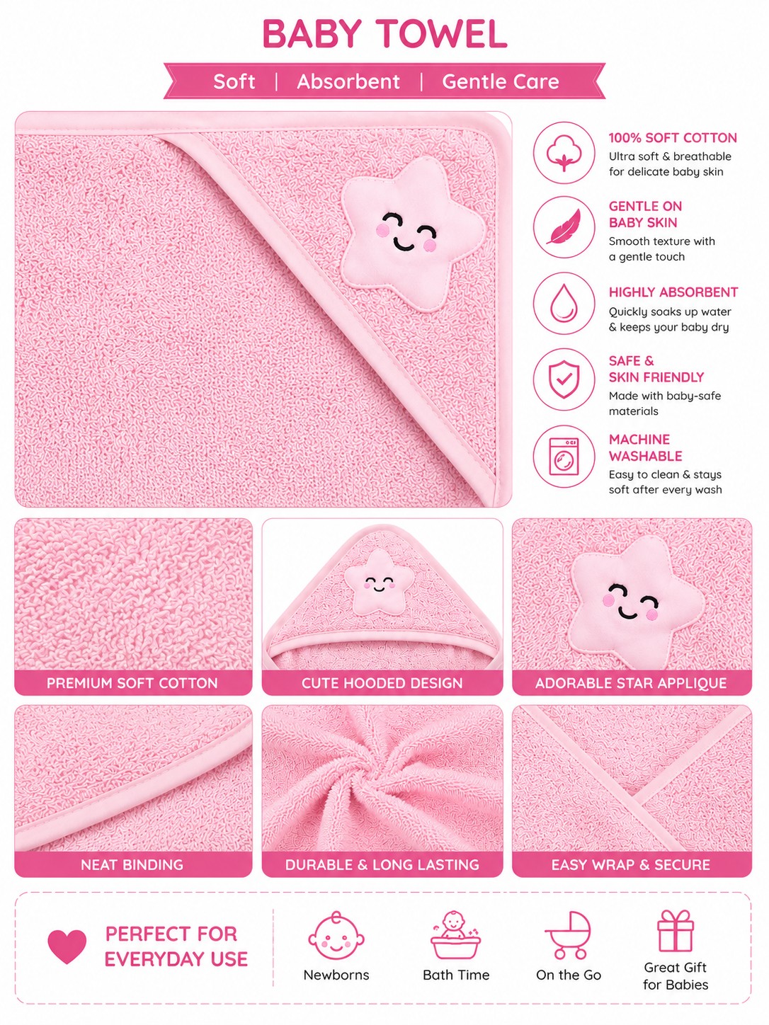 KriandKay Baby Hooded Towel – Soft Cotton, Star Design