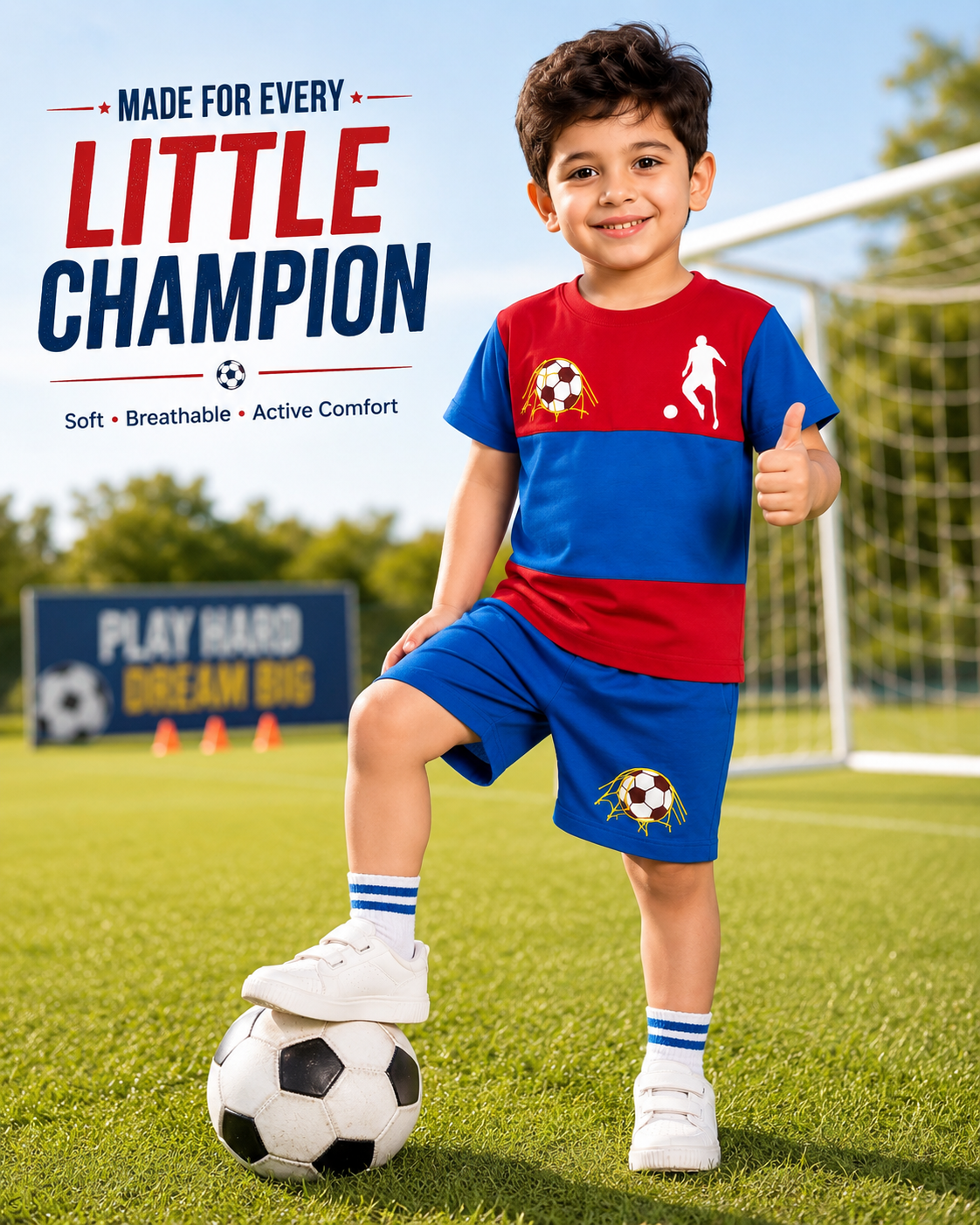 Boys Football Printed Cotton T-Shirt & Shorts Co-Ord Set | Sports Casual Outfit
