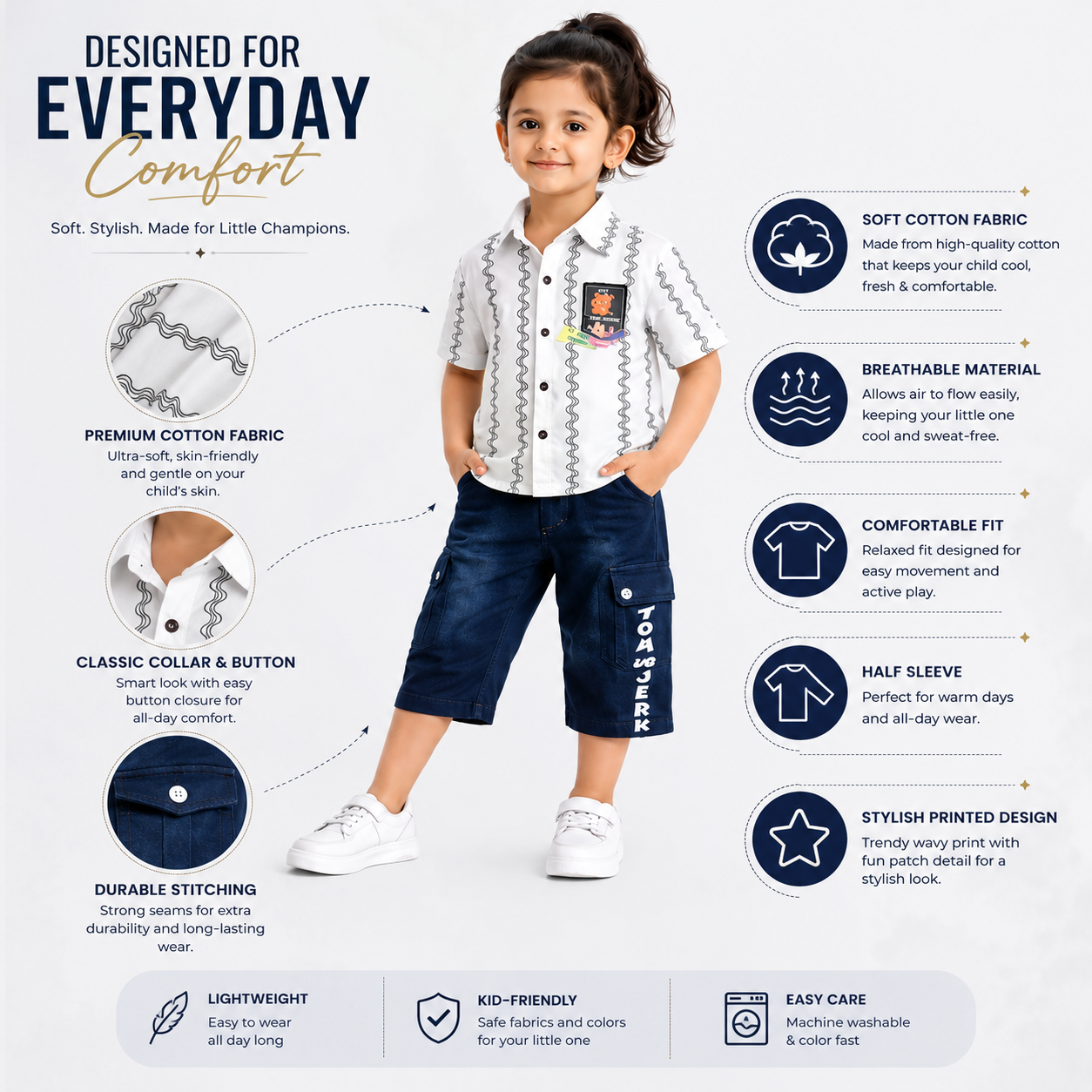 Boys Printed Cotton Shirt & Capri Set | Casual Kids Co-Ord Outfit