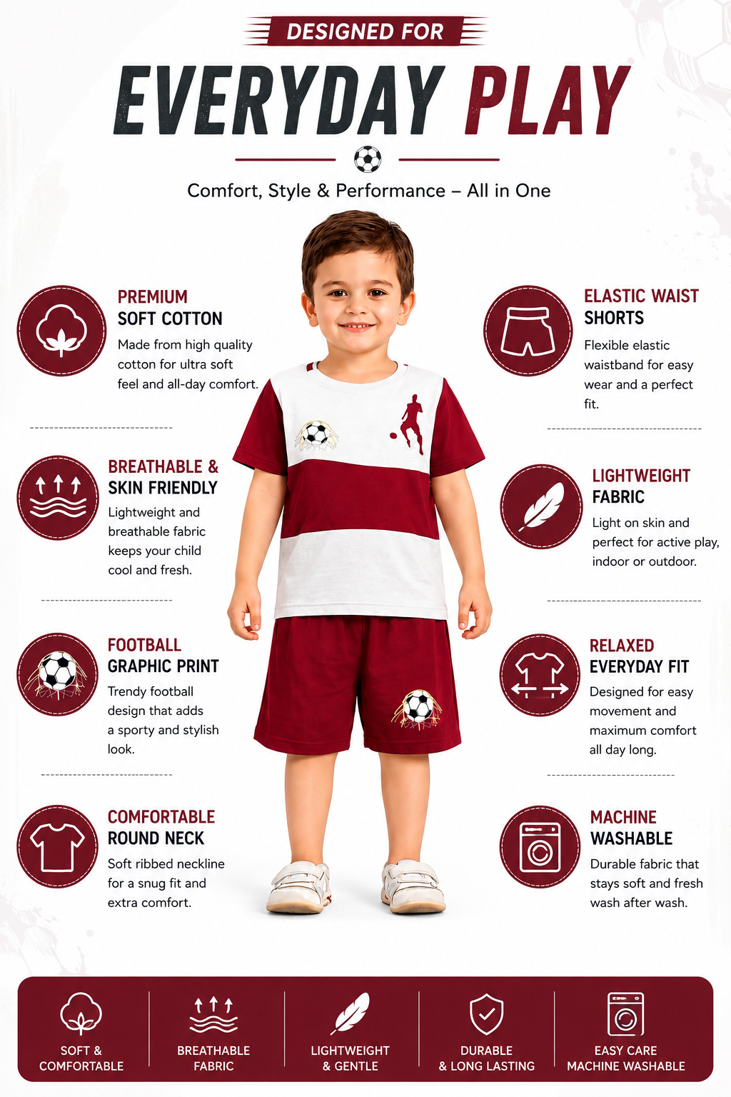 Boys Football Printed Cotton T-Shirt & Shorts Co-Ord Set | Sports Casual Outfit