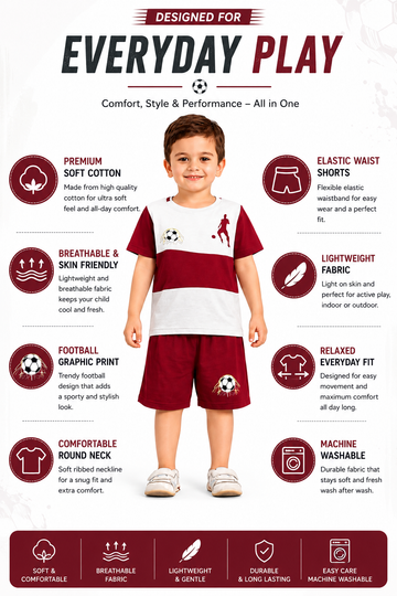 Boys Football Printed Cotton T-Shirt & Shorts Co-Ord Set | Sports Casual Outfit