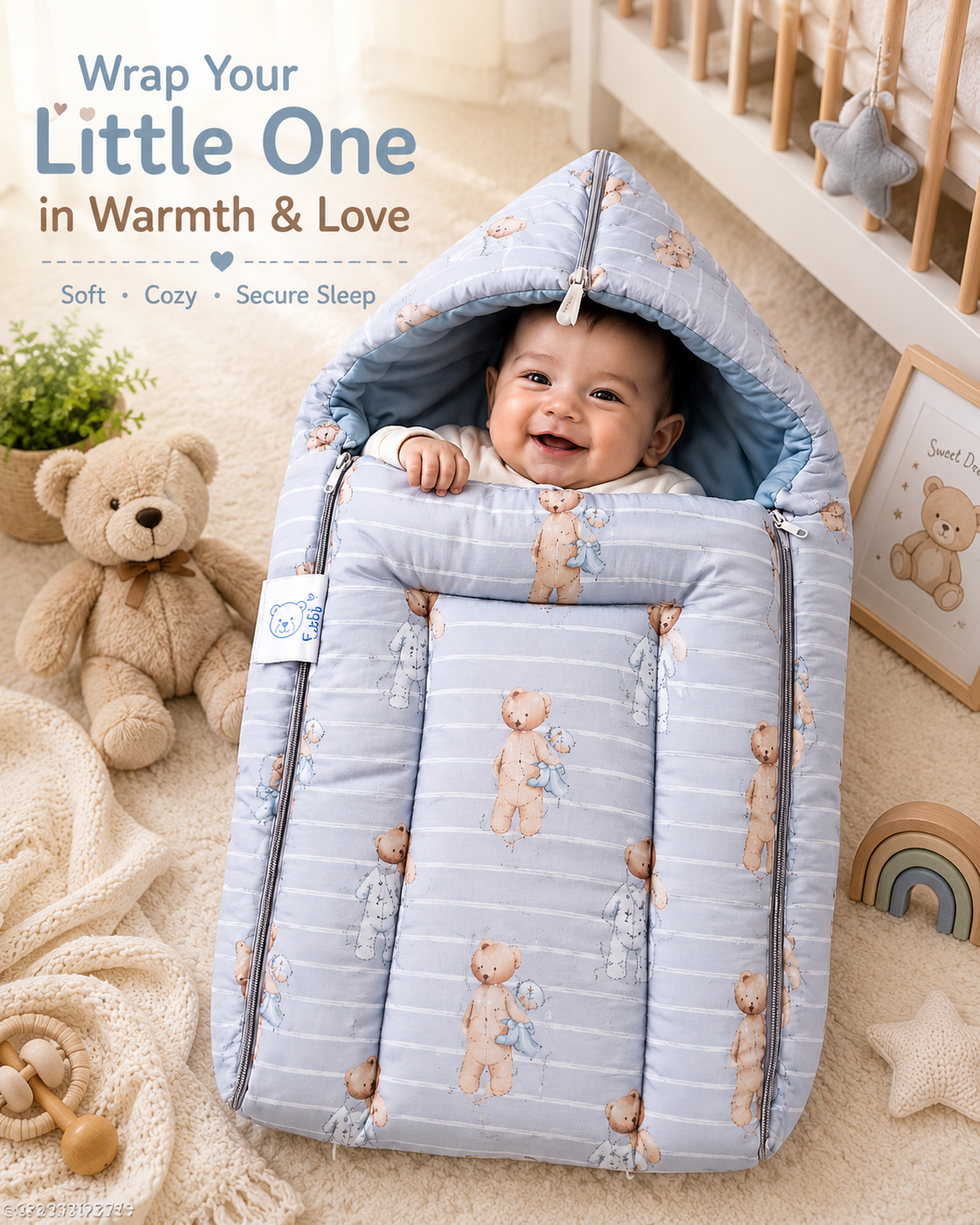 Hooded Sleeping Bag & Carry Nest | Soft Cotton Baby Wrapper with Zip