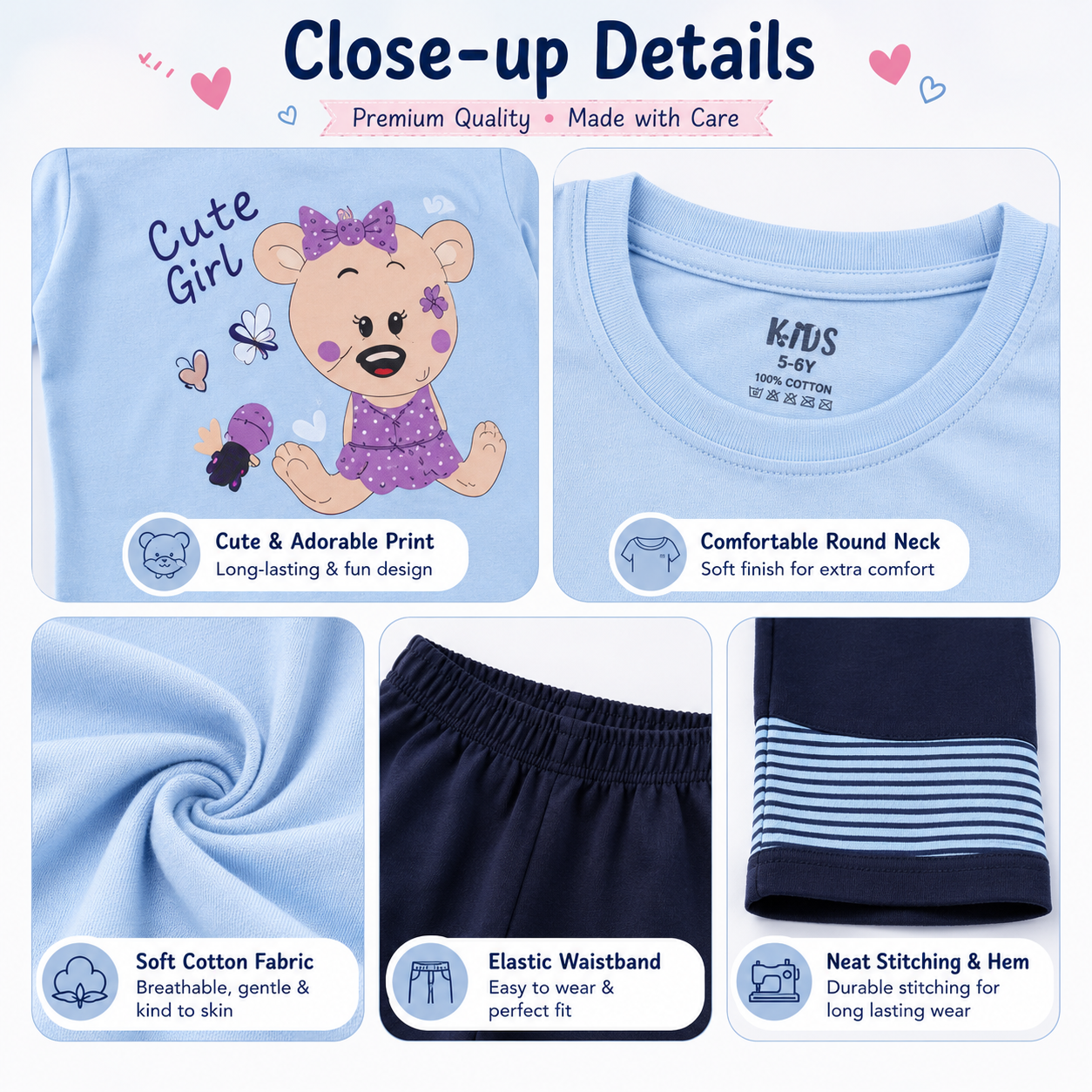 Girls Cute Bear Printed Cotton T-Shirt & Palazzo Co-Ord Set | Casual Kids Outfit