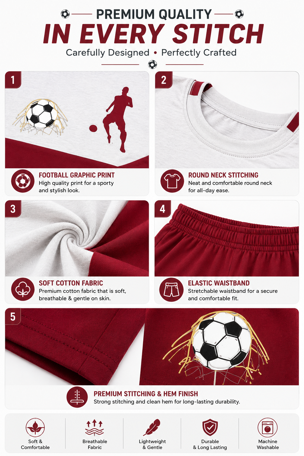 Boys Football Printed Cotton T-Shirt & Shorts Co-Ord Set | Sports Casual Outfit